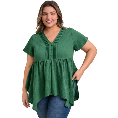GRACE & GRANDEUR Women's Plus Size Pintuck Texture V Neck Short Sleeve Button Decor Asymmetric Hem Casual Babydoll Blouses