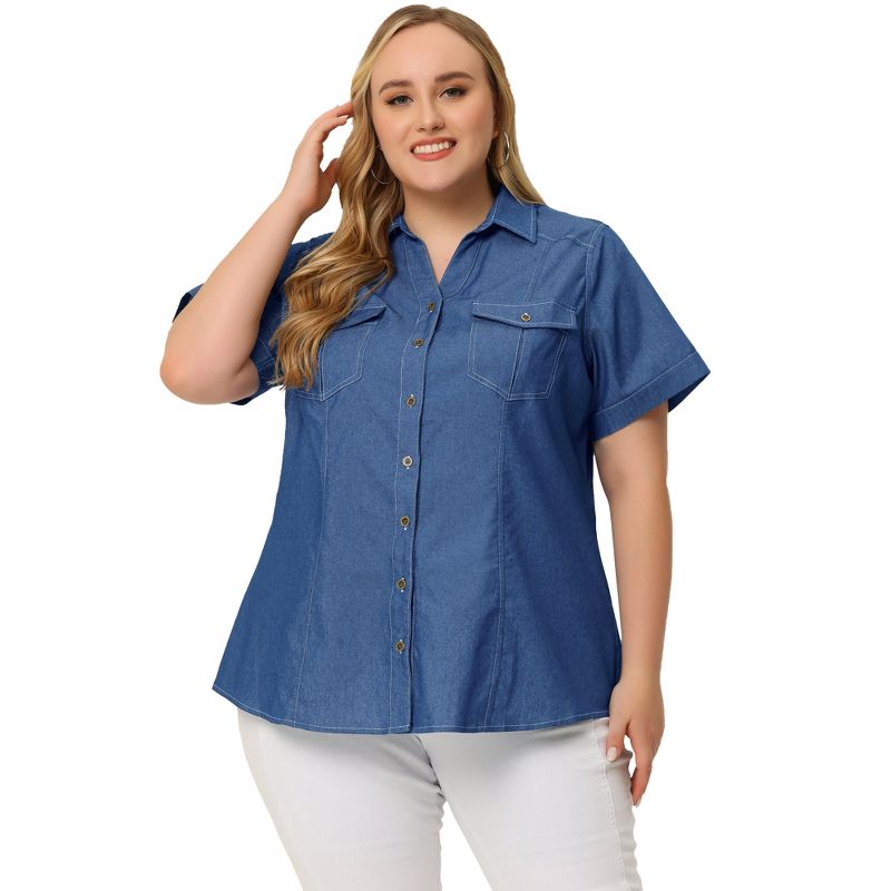 Agnes Orinda Women's Plus Size Chambray Work Short Sleeve Full Placket Button Down Shirts, 3 of 7