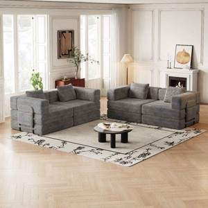 4 Seater Folding Sofa Bed for Living Room or Bedroom, Convertible Sofa with Cushions and Storage Pockets, Corduroy Fabric Sofa-Coolbibila - 1 of 4