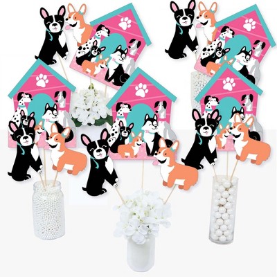 Big Dot of Happiness Pawty Like a Puppy Girl - Pink Dog Baby Shower or Birthday Party Centerpiece Sticks - Table Toppers - Set of 15