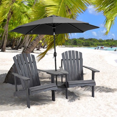 Deep Gray Wooden Adirondack Chairs with Table and Umbrella Hole