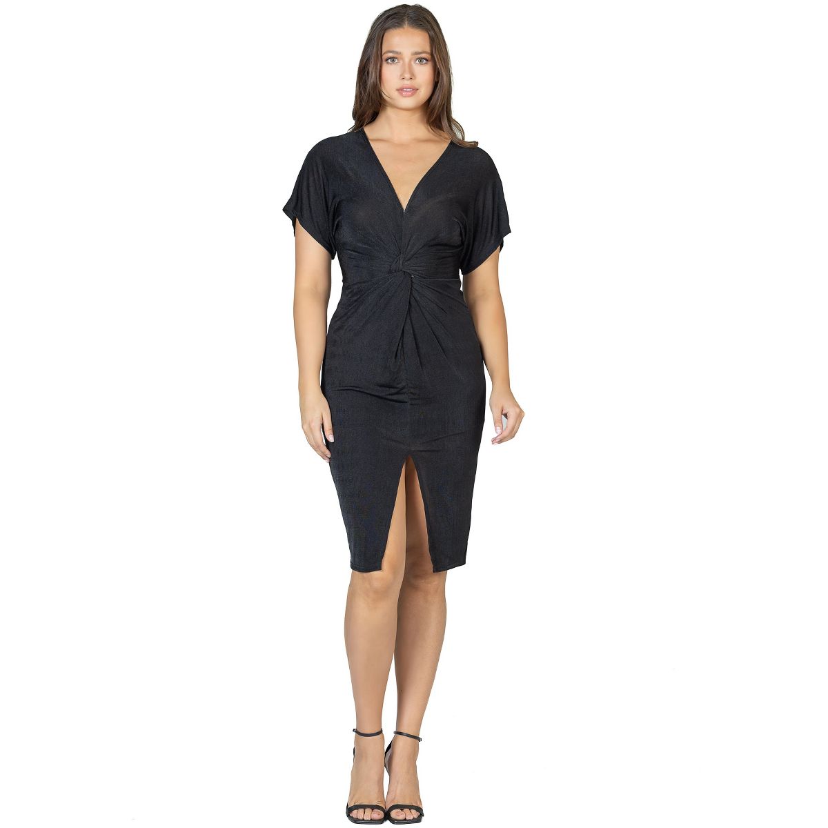 Womens Short Sleeve V-Neck Twist Front Split Hem Knee Length Dress - 24seven Comfort Apparel™
