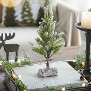 YOOCOZZ  Christmas Decoration  Accessories 2 Set  -  13.5" Delightful Christmas PVC Tree On Wood Base With Snow, Interesting Household Decor Display - 1 of 4