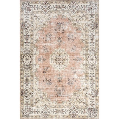Peach and Cream 8' x 10' Vintage Floral Washable Rug