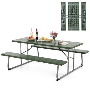 Tangkula Folding Picnic Table w/ 2 Benches 6 FT Camping Table Set w/ All-Weather HDPE Tabletop Green - 1 of 4