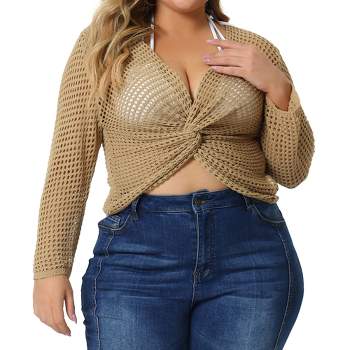 Agnes Orinda Women's Plus Size Knitted V-Neck Ruched Cross Front Hollow Out Long Sleeve Cover Up Tops