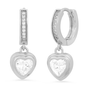 Steeltime Ladies brass simulated diamonds dangling charm heart huggie earrings. Color Options: White, Gold - 1 of 4