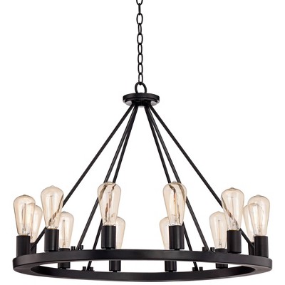 Lacey 32" Black Industrial Wagon Wheel 12-Light Chandelier
