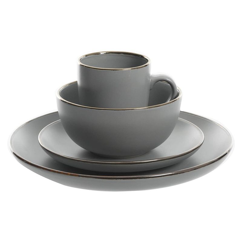 Gibson Home Rockaway Round Stoneware Coupe Edged Dinnerware Set, Service for 4 with Dinner Plates, Dessert Plate, Bowls, & Mugs, Grey w/ Metallic Rim, 2 of 7
