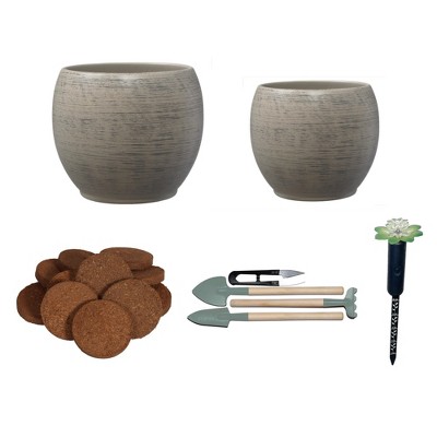 Alberta Indoor Gardening Kit with Wood Optics Ceramic Pots – 5pc Set