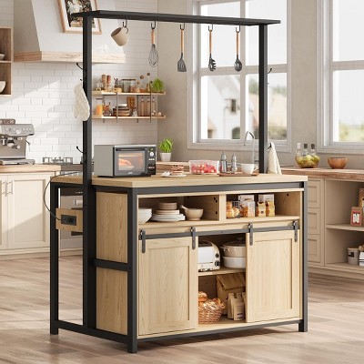 Farmhouse Kitchen Island with 4 Fixed Side Hooks and 5 Removable Top Hooks, Coffee Bar Table with Sliding Barn Doors for Dining Room, Natural