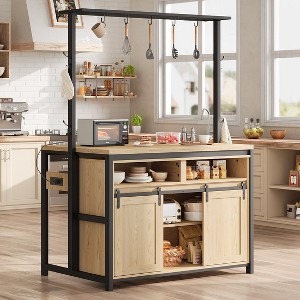 Farmhouse Kitchen Island with 4 Fixed Side Hooks and 5 Removable Top Hooks, Coffee Bar Table with Sliding Barn Doors for Dining Room, Natural - 1 of 4