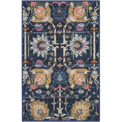 Bohemian Bliss Navy Floral Hand-Knotted 2x3 Synthetic Rug