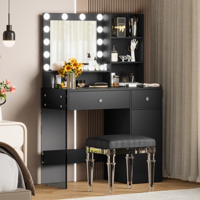 Aukfa Vanity Desk with Mirror and 3 Lighting Modes, Makeup Vanity with Glass Top and Storage Shelves, Dressing Table with 2 Drawers and Cabinet
