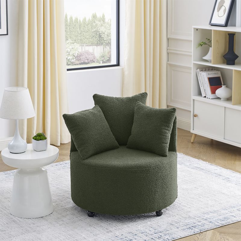 Karen 30" Seat Wide Teddy Upholstered  Round  Swivel Backrest Chair  with Movable Wheels and Including 3 Pillows-Maison Boucle, 1 of 11
