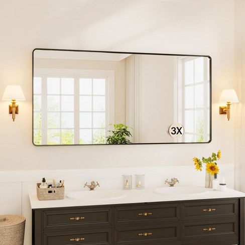 30x22 Inch Black Framed Bathroom Mirror - Rounded Rectangle, Tempered Glass, Horizontal Or Vertical Mount