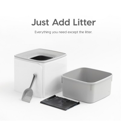 White and Gray Top Entry Cat Litter Box with Scoop