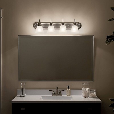 Brushed Nickel 30" 4-Light Vanity Light with White Bell Shades