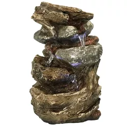 Sunnydaze Indoor Home Decorative Tiered Rock and Log Waterfall Tabletop Water Fountain with LED Lights - 10"
