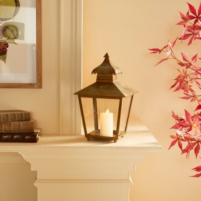 Patina Iron and Glass Hanging Candle Lantern, 12.5"
