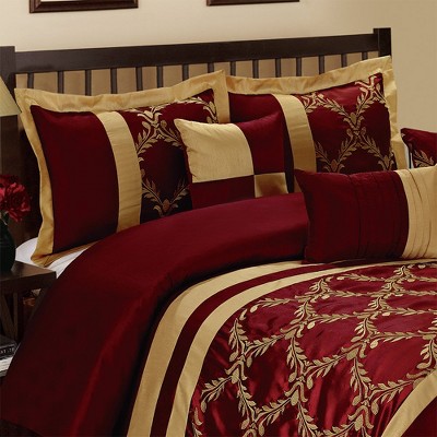 HIG 7 Piece Bed in A Bag Comforter Set Queen Burgundy and Gold Faux Silk Fabric Embroidered Bedding Set — фото 2