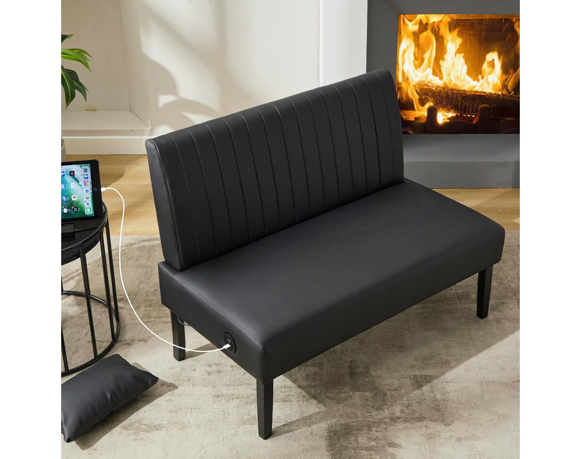 43“ Armless Loveseat Sofa with USB, Mini Faux Leather Couch for Bedroom, Living Room, Dorm, Office – Small Space Furniture (Black)