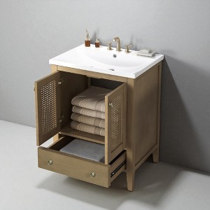 24" Bathroom Vanity with Sink, Freestanding Vanity with Rattan Doors and Drawer, Solid Acacia Wood & MDF with Ceramic Top - 1 of 4
