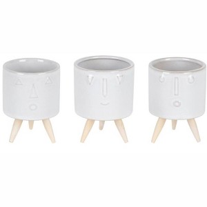 HomeRoots Set of Three White Porcelain 1 Ounce Round Funny Face Pot Planters With Stands - 1 of 4