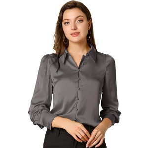 INSPIRE CHIC Women's Puff Long Sleeve Point Collar Vintage Button Work Satin Shirt - 1 of 4