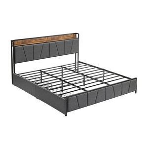 Linen Upholstered Bed Frame with Storage Headboard and 2 Drawers, Platform Bed with Built-in Charging Station, Heavy Duty, No Box Spring Needed - 1 of 4