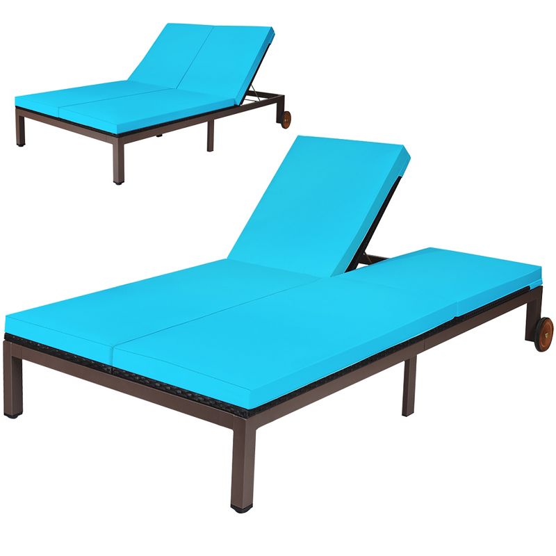 Costway 2-Person Patio Rattan Lounge Chair Chaise Recliner Adjustable Cushion Turquoise, 2 of 11