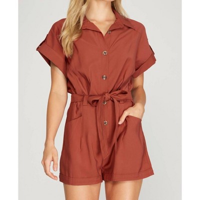 Women's Drop Shoulder Woven Twill Romper With Pockets - SHE + SKY