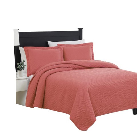 RT Designers Collection Ruby 3 Pieces Pinsonic Lightweight Quilts Set Queen Size For Bedding Coral