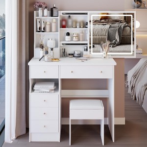 Makeup Vanity Desk with Mirror and Light, Makeup Vanity Table with Stool, Dressing Table with Drawers & Open Storage for Small Space - 1 of 4
