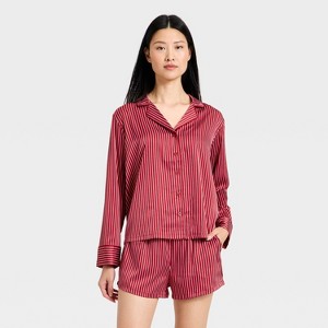 Women's Luxury Collection Satin Notch Collar Long Sleeve Shirt and Shorts Pajama Set - Auden™ - 1 of 3