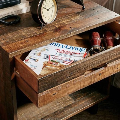 Rustic Industrial Pine Nightstand with Metal Accents, Light Brown