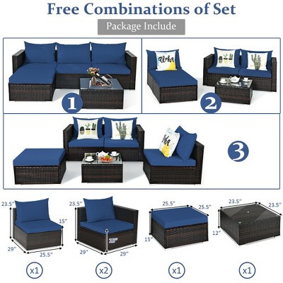 Navy and Brown Steel 5-Piece Patio Rattan Sectional Sofa Set
