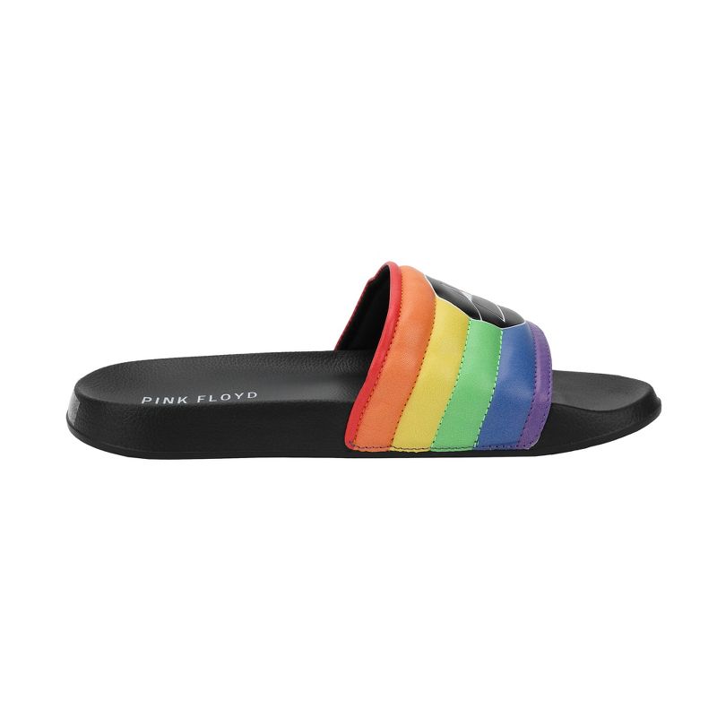 Pink Floyd Dark Side Of The Moon Triangle Artwork On Rainbow Straps Women's Black Slide Sandals, 4 of 7