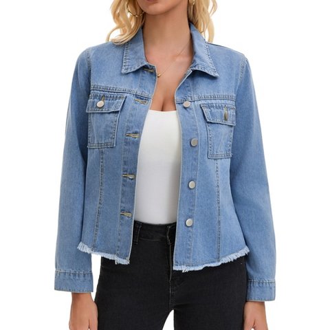 Женские куртки INSPIRE CHIC Women's Denim Turndown Collar Shacket Long Sleeve Frayed Hem Button Down Cropped Jean Jacket Large Blue