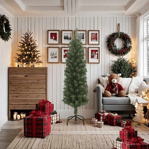 vidaXL Artificial Christmas Tree Green PVC, Steel, Plastic Slim - 70.9" Green without flocked white snow - 1 of 4