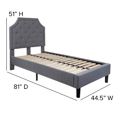 Elegant Twin-Size Light Gray Upholstered Bed with Tufted Headboard and Nailhead Trim