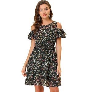 Allegra K Women's Cold Shoulder Smocked Waist Chiffon Floral Pattern Mini Dress - 1 of 4