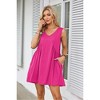 Coolmee Women Summer Mini Dress V Neck Sleeveless Loose Summer Pleated Swing Flowy Short Sundress M Rose red - 3 of 4