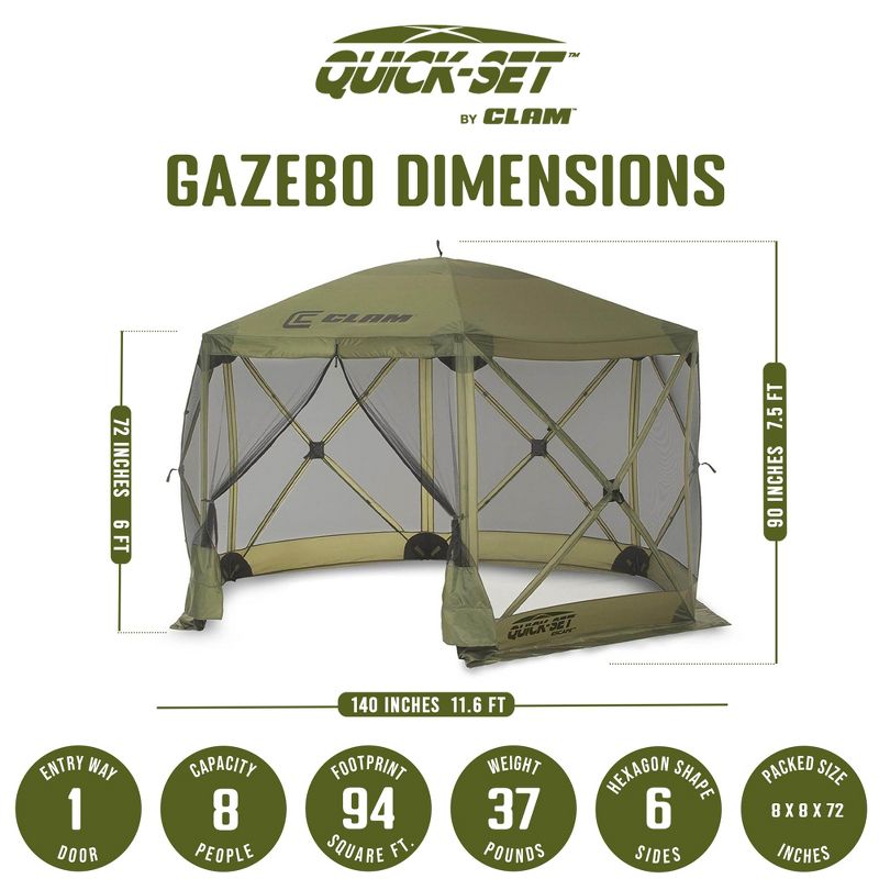CLAM Quick Set Escape 12 x 12 Foot Portable Pop Up Outdoor Camping Gazebo Canopy Shelter Tent with Carry Bag and Wind Panels (2 Pack), Green, 2 of 7