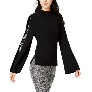 I.N.C International Concepts Womens Faux Leather Stripe Pullover Sweater, Black, Large - 1 of 1