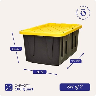 Heavy Duty Black and Yellow Stackable Storage Tote with Lid, 27 Gallon