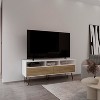 Vynxaria Modern 54" Wide Two-Door TV Stand in White with Natural Oak Base, Pull-Down Doors, and Cable Management - 3 of 4