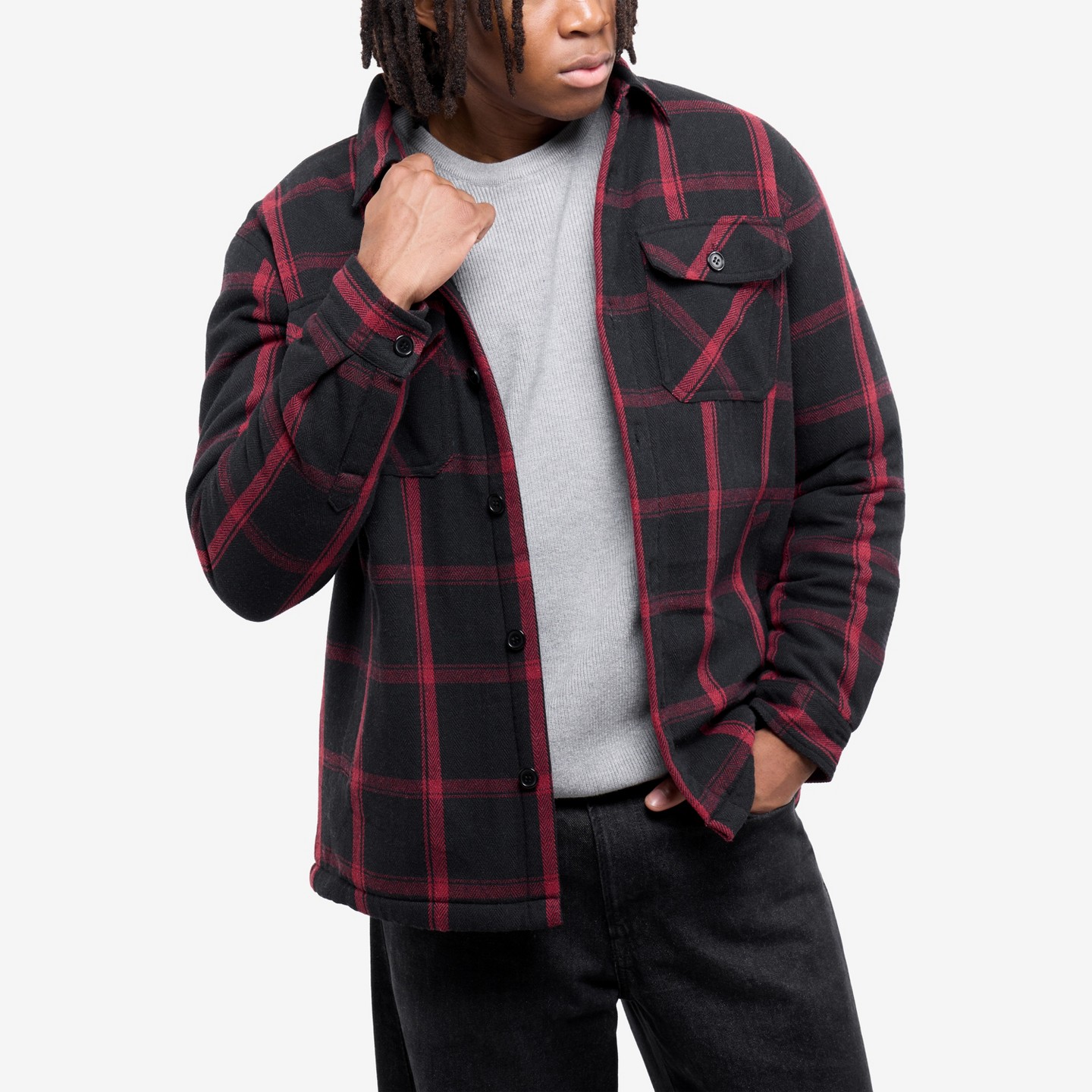 Мужская куртка X RAY Cotton Plaid Flannel Shirt Jacket With Faux Shearling Lining in WHITE/BLACK, цвет: Чёрный — фото 4