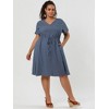 Agnes Orinda Women's Plus Size Tie Waist Short Sleeve Solid Chambray Casual Shirt Dresses - 3 of 4