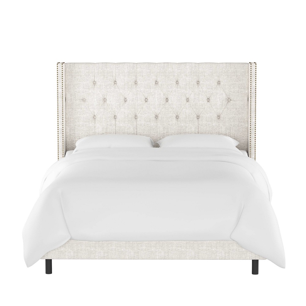 Skyline Furniture King Louis Diamond Tufted Wingback Textured Linen Bed Off White: Elegant Nail Button Detail -  54350291